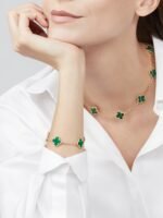 18K solid gold malachite 5 motif clover bracelet