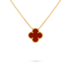 Single four-leaf clover 18k gold necklace inlaid with carnelian.