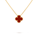Single four-leaf clover 18k gold necklace inlaid with carnelian.