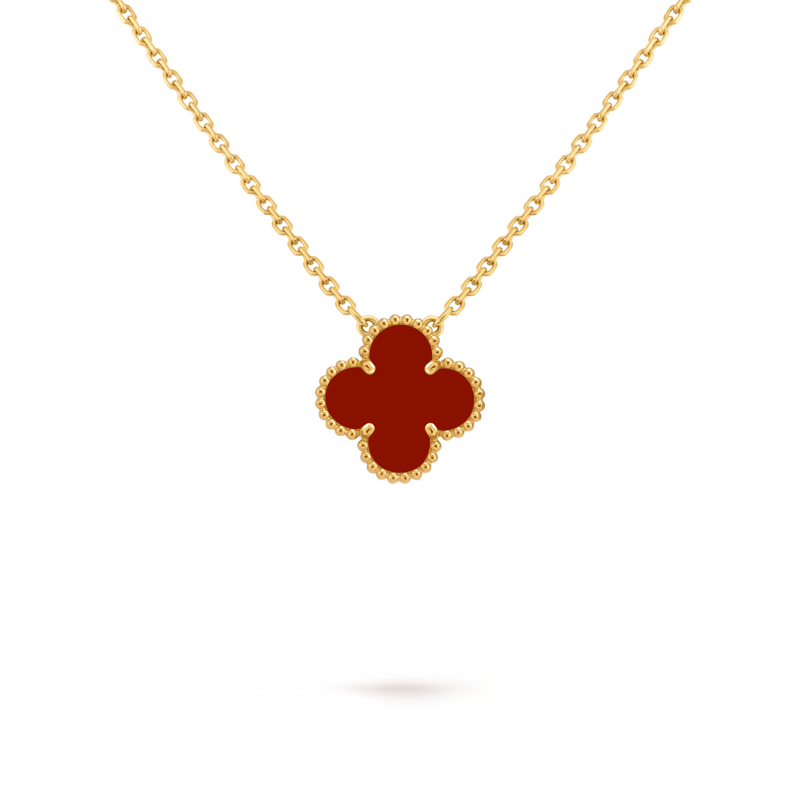 Single four-leaf clover 18k gold necklace inlaid with carnelian. Single four-leaf clover 18k gold necklace inlaid with carnelian.