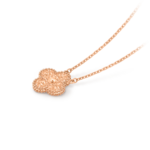A single four-leaf clover necklace with guilloché floral carving technique in 18k rose gold.