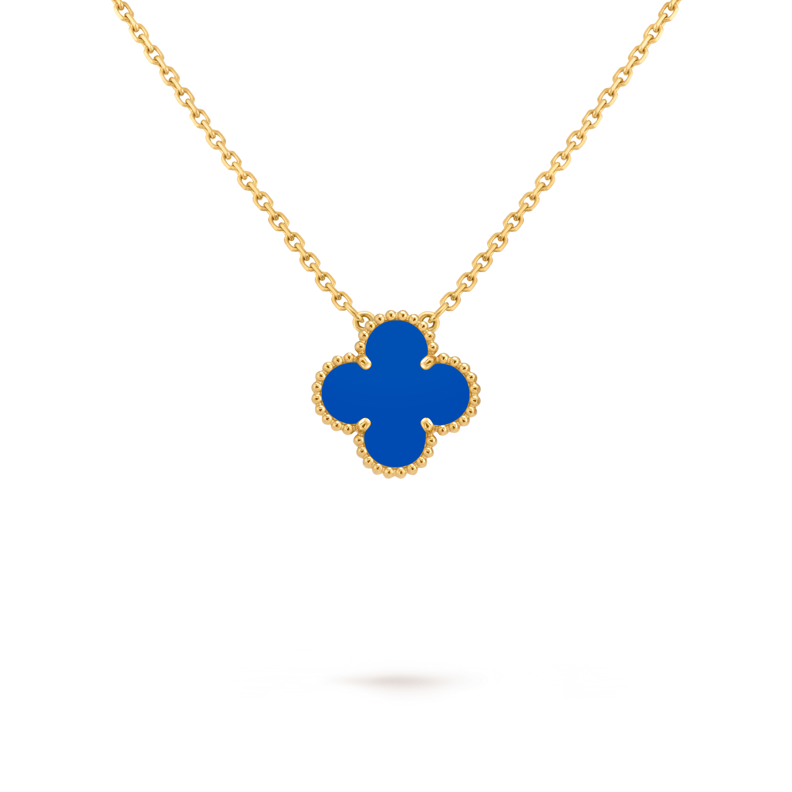 18k gold single four-leaf clover necklace inlaid with blue agate. 18k gold single four-leaf clover necklace inlaid with blue agate.