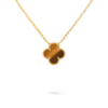 18K gold single four-leaf clover necklace set with tiger's eye stone.