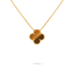 18K gold single four-leaf clover necklace set with tiger's eye stone.