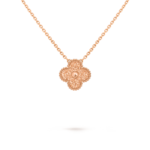 A single four-leaf clover necklace with guilloché floral carving technique in 18k rose gold.