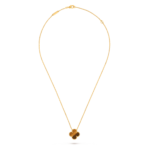 18K gold single four-leaf clover necklace set with tiger's eye stone.