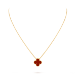 Single four-leaf clover 18k gold necklace inlaid with carnelian.