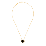18k gold single four-leaf clover necklace inlaid with black onyx.