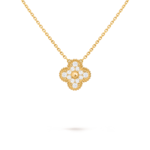 A single 18K gold four-leaf clover pendant necklace set with diamonds.
