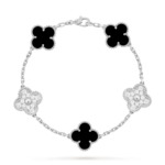 18K White Gold Black Onyx & Diamond Clover Bracelet – 5 Motifs (Mixed Motifs)