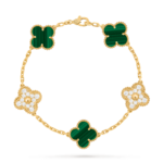 18K Gold Malachite & Diamond Clover Bracelet – 5 Motifs (Mixed Motifs)
