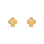 18K Gold Textured Clover Stud Earrings – Beaded Edge - Image 4