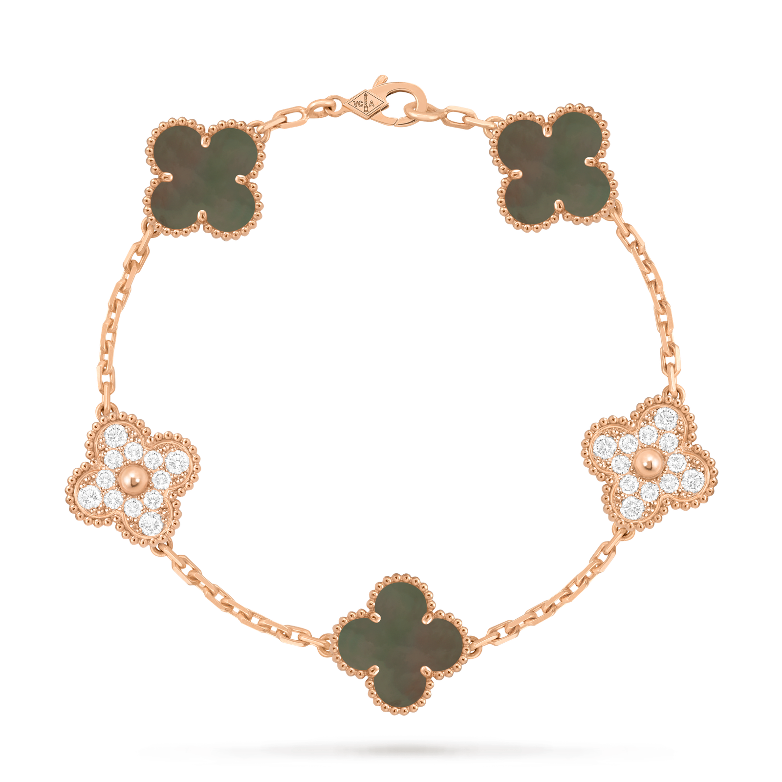 18K Rose Gold Mother-of-Pearl & Diamond Clover Bracelet – 5 Motifs (Mixed Motifs) 18K Rose Gold Mother-of-Pearl & Diamond Clover Bracelet – 5 Motifs (Mixed Motifs)