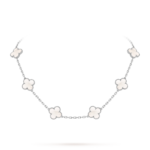18K White Gold White Chalcedony 10 Motifs Clover Necklace