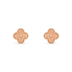 18K Rose Gold Textured Clover Stud Earrings – Beaded Edge - Image 5