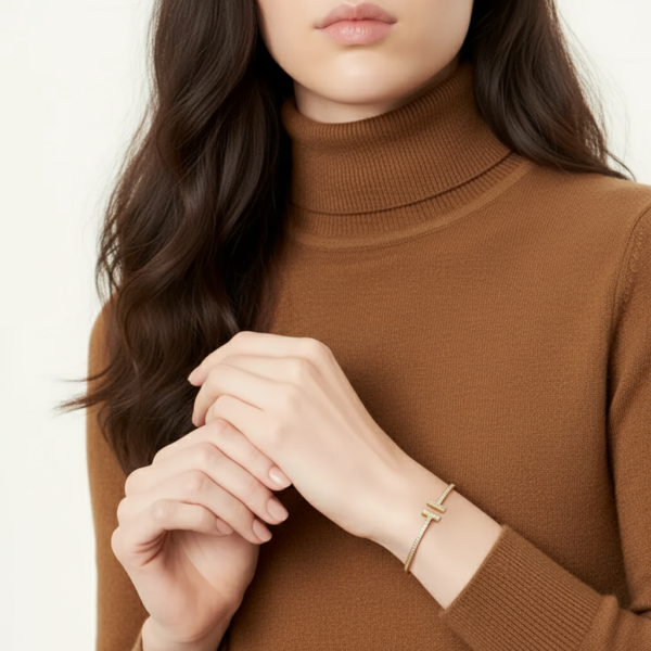 yellow gold pave diamond T bangle bracelet