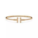 yellow gold pave diamond T bangle bracelet