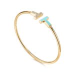 yellow gold diamond turquoise-blue T bangle bracelet