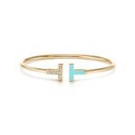 yellow gold diamond turquoise-blue T bangle bracelet