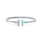 white gold diamond turquoise-blue T bangle bracelet