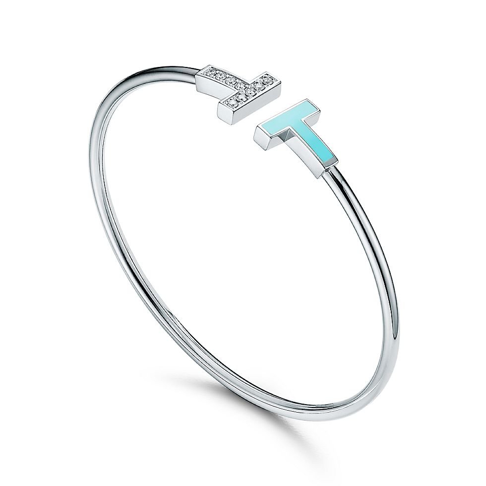 white gold diamond turquoise-blue T bangle bracelet white gold diamond turquoise-blue T bangle bracelet