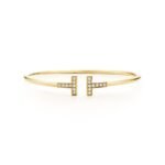 yellow gold diamond T bangle bracelet