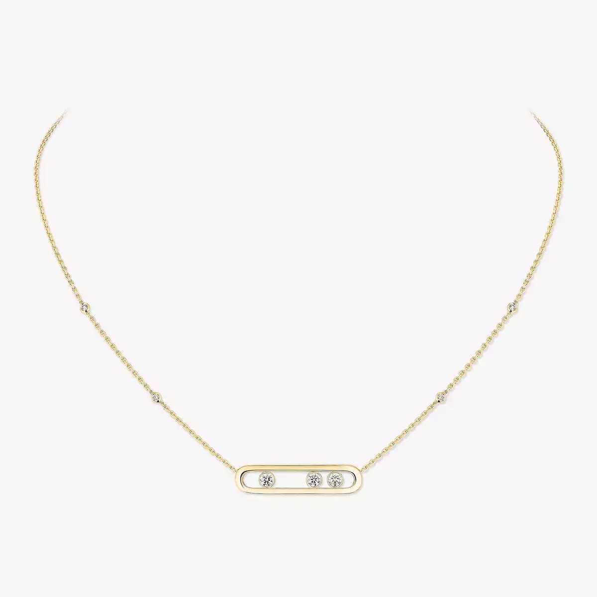 yellow gold three diamond bar pendant necklace