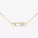 yellow gold three diamond bar pendant necklace