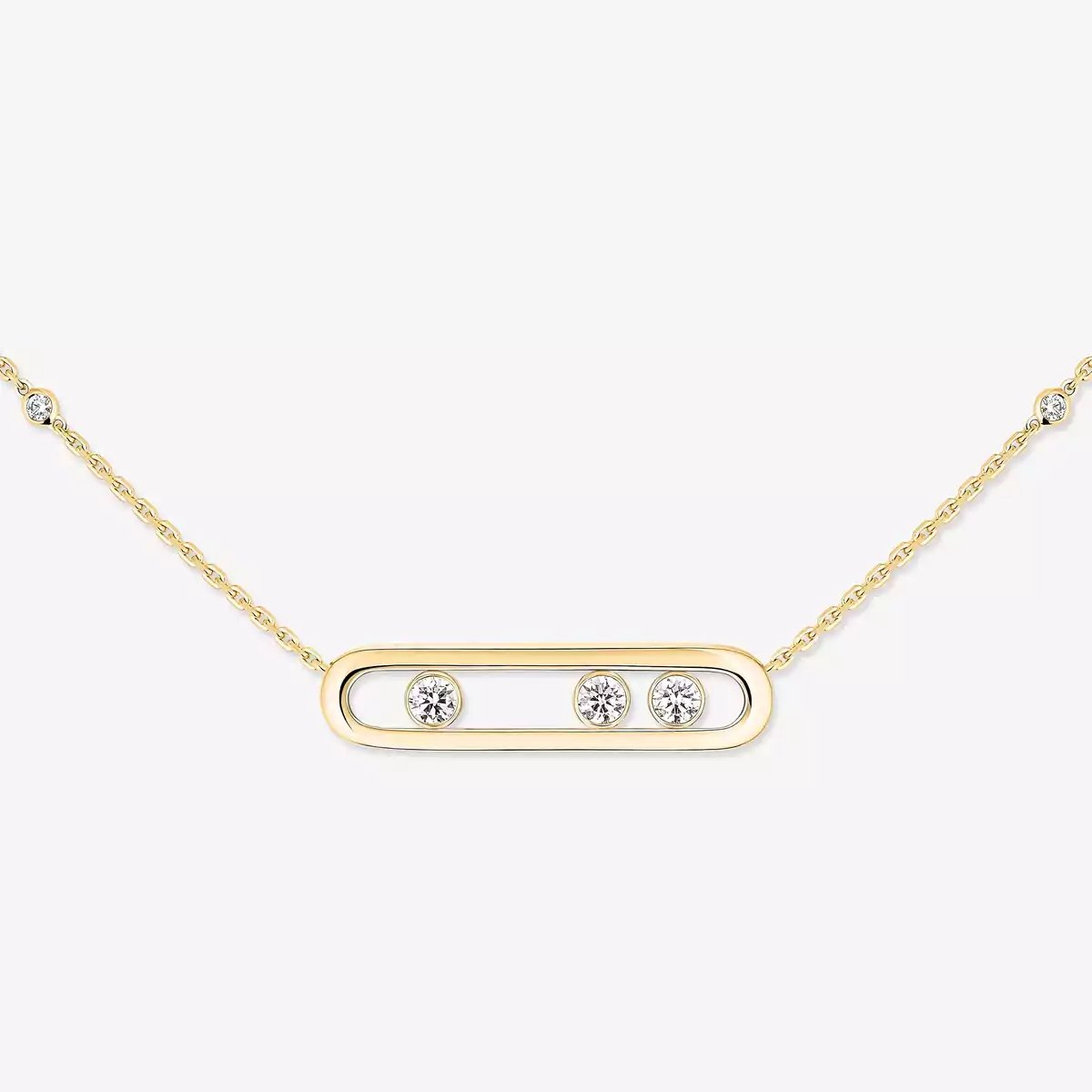 yellow gold three diamond bar pendant necklace
