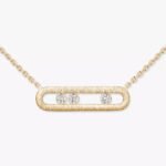 yellow gold brushed three diamond bar pendant necklace