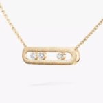 yellow gold brushed three diamond bar pendant necklace